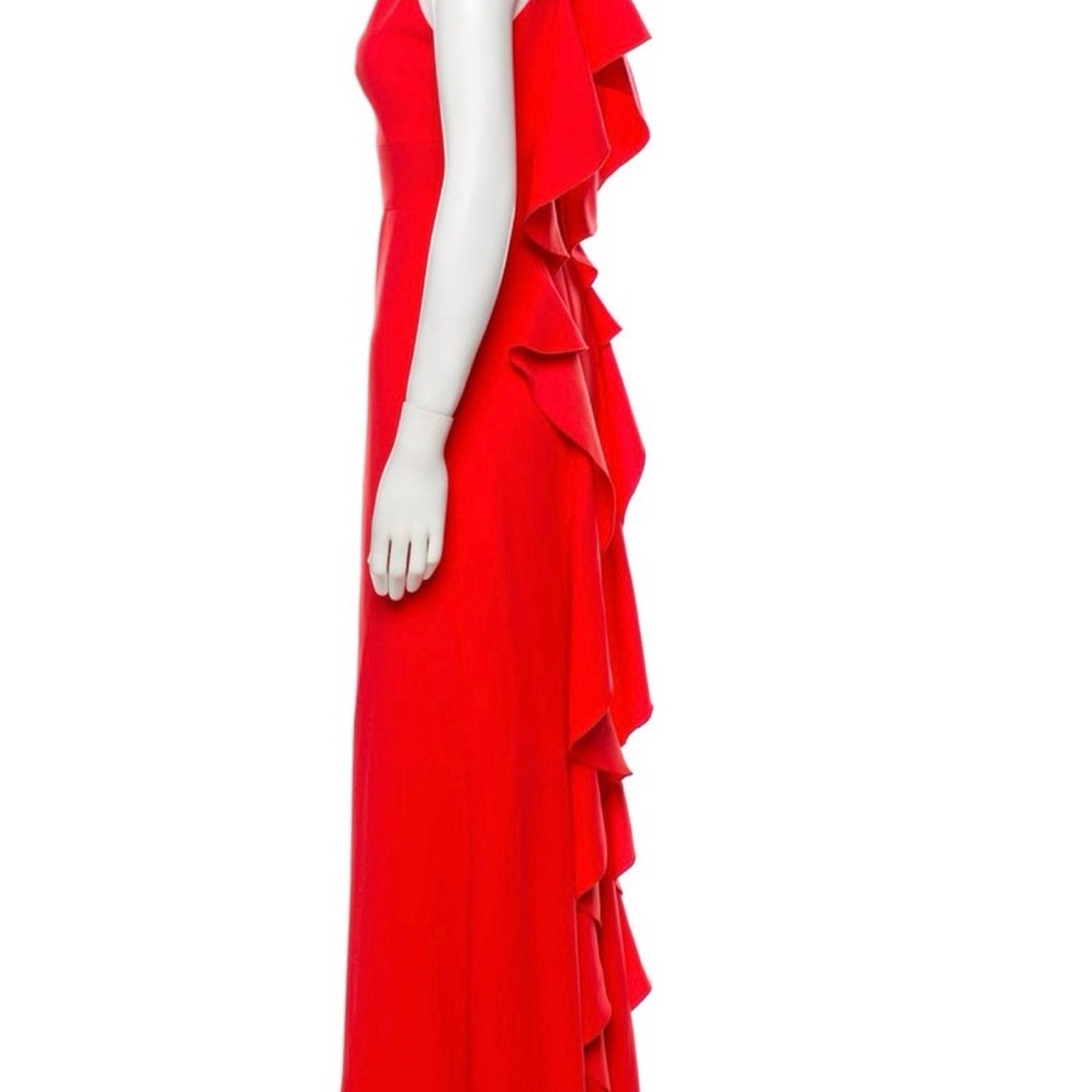 Vibrant red/orange Lela Rose gown with stunning ruffle at back